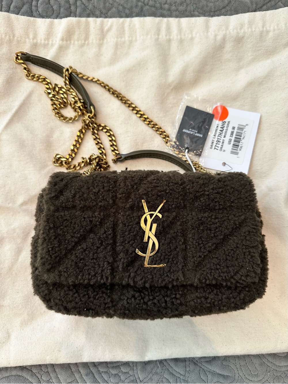 Saint Laurent Olive Shearling Chain Shoulder Bag with Gold Hardware